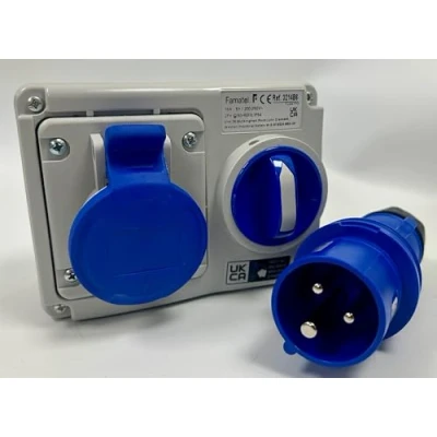 Image of Professional Quality Interlocked switched Socket, &amp; Fast Fit Plug 16A, 240V, 50 60Hz 1 Phase, Blue, IP54 IEC309 Lockable,