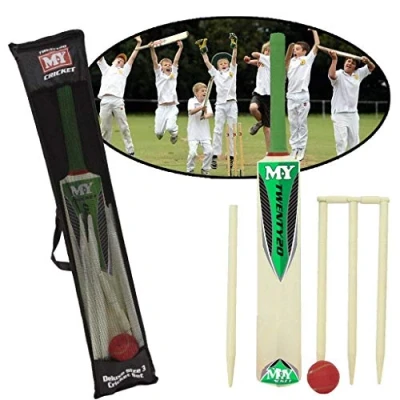 Image of Junior Cricket Wooden Set Kids Size 3 Wickets Bat Ball Stumps Outdoor Garden Toy