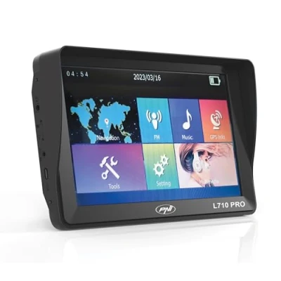 Image of PNI L710 PRO GPS navigation system with sunshade, 7 inch, 800 MHz, 256MB DDR, 16GB internal memory, FM transmitter, two car power supplies included