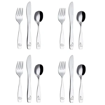 Image of Exzact Children&#039;s Cutlery Stainless Steel 12pcs Set/Kids 4 x Forks, Safe Dinner Knives, Table Spoons Engraved Design (Dinosaur 12)
