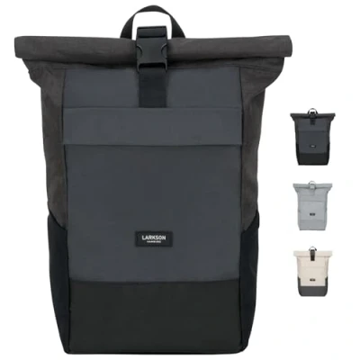Image of LARKSON Roll Top Backpack Women &amp; Men Black Grey No 4 Rucksack for University, School, Office College Laptop Bag 16 Inches Water Repellent