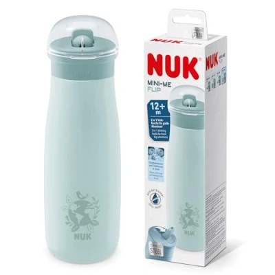 Image of NUK Mini Me Flip Toddler Cup With Straw , 12+ Months 500 ml Stainless Steel Water Bottle For Kids Leak Proof Toughened Spout Shatter Blue Globe