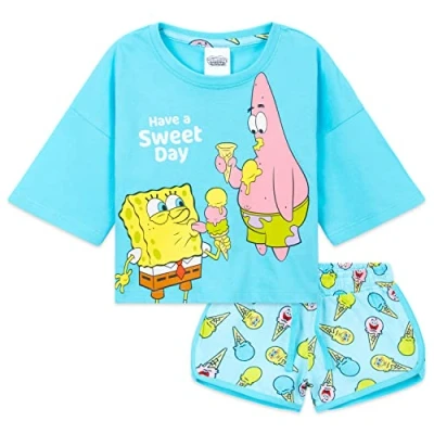 Image of SPONGEBOB SQUAREPANTS Girls Pyjama Set, Lounge Wear Cropped T Shirt Gifts (Blue, 4 5 Years)