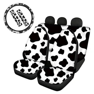 Image of Biyejit Cow Print Car Front and Back Seat Cover with Belt Pad Protector &amp; Steering Wheel Set for Car, SUV Truck, Washable Universal Fit