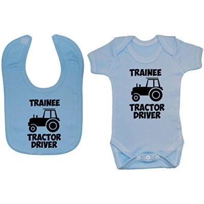 Image of Acce Products Trainee Tractor Driver Baby Bodysuit/Romper &amp; Feeding Bib 6 12 Months Blue