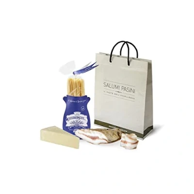 Image of &quot;Pasta alla carbonara&quot; Recipe kit Salumi Pasini® with: Guanciale 250g, Spaghettoni Benedetto Cavalieri and Pecorino Romano DOP 350g for a Traditional Carbonara Pasta Italian Products
