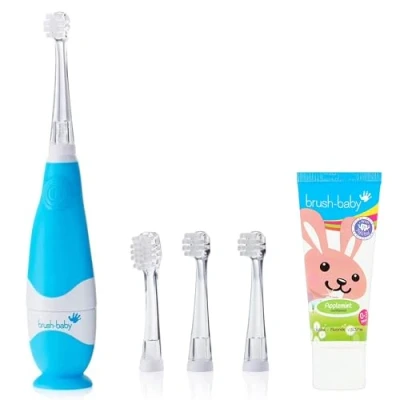 Image of Brush baby Blue BabySonic Electric Toothbrush Bundle Set Includes Toothbrush, 4 Heads &amp; 1 AAA Battery, 12 ml Toothpaste (Blue Set)