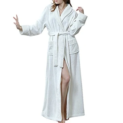 Image of Ladies Soft Fleece Dressing Gown Full Length Fluffy Bathrobe White M
