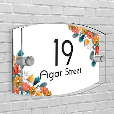 Image of Personalised House Number Plaque in Arc Rectangle shape Glass Effect Acrylic Sign Door Plate Wall Display Premium Quality 2 Part Choose Your Own Design &amp; Font (Corner Flowers)