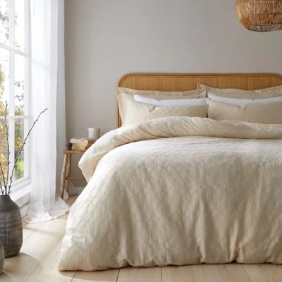 Image of Bianca Waffle 180 Thread Count Cotton Circle Double Duvet Cover Set with Pillowcases Natural