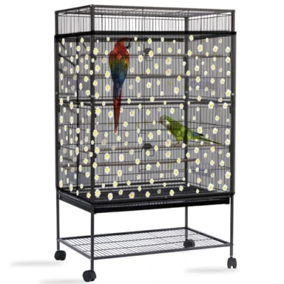 Image of Yepper Bird Cage Seed Catcher, Large Cover, Adjustable Soft Airy Nylon Mesh Net, Birdcage Cover Skirt Guard for Parrot Parakeet Macaw African Round Square Cages (Black, Daisy Design)