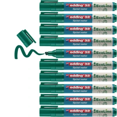Image of edding 32 EcoLine flipchart marker green box of 10 chisel nib 1 5 mm for writing, drawing on paper does not bleed through dry out refillable