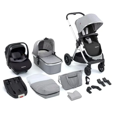 Image of Babymore Memore V2 Travel System 13 Piece Silver 3 in 1 Pram System, Foldable, Reclining Baby Pushchair, Premium Pecan i Size Car Seat with ISOFIX Base &amp; Essentials, 0 4 Years Up to 22 Kg