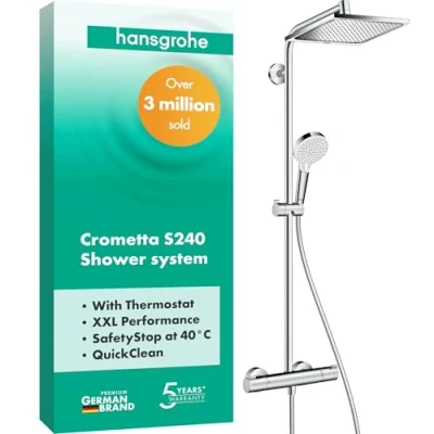 Image of hansgrohe Crometta E shower system with thermostat, rainfall head (240 x 240 mm), hand (1 spray), hose, rail and square(1 chrome, 27271000