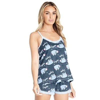 Image of Disney Stitch Womens Pyjamas Vest Short PJs for Women Sets Sleeping Beauty Minnie Mouse Teenager 2 Piece Sizes S XL Nightwear Loungewear Gifts (Dark Blue Eeyore, S)