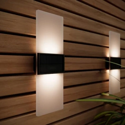 Image of SolarCentre® Gemini XL Set of 2 White &amp; Warm Outdoor Solar Powered Wall Lights (USB 27cm)
