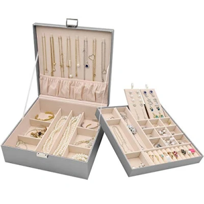 Image of ProCase Jewellery Box Organiser, Large Boxes with 2 Tiers, Gift Storage Cases Removable Divider for Earrings, Bracelets, Rings, Necklaces Grey