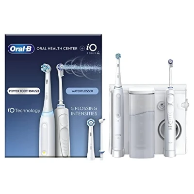 Image of Oral B Health Center Irrigator; Waterflosser, 1 Oxyjet Nozzle, Water Jet iO4 Electric Toothbrush, 2 Toothbrush Heads, Plaque Remover for Teeth