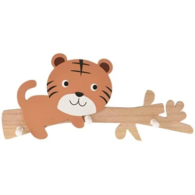 Image of Children&#039;s Coat Rack Animal Wall Mounted Wooden Hooks Child&#039;s Bedroom Nursery Decorative 4 Hook Novelty Kids Pegs for Tiger