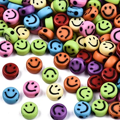 Image of Pack of 100 Opaque Mixed Colour 7mm Round Smiley Face Beads