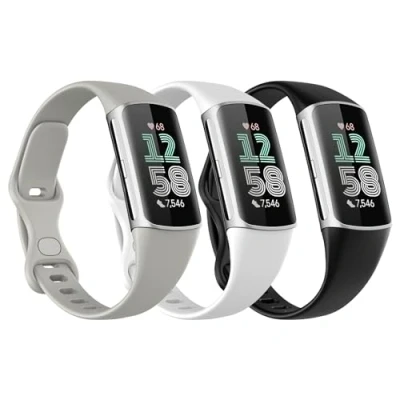 Image of Astorgos 3 Pack Slim Straps Compatible with Fitbit Charge 6/Charge 5 for Women Men, Soft TPE Watch Strap Thin Band Replacement Wristband, Black/Rock Gray/White