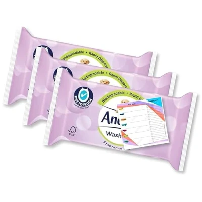 Image of Andrex Wipe Flushable Fragrance Free Washlets Wet Wipes Unscented Fine to Flush Toilet Tissue Biodegradable Rapid Disperse 30 per Pack, Pack of 3 (90)