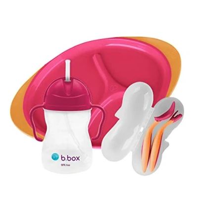 Image of b.box Silicone Feeding Set with Divided Plate, Sippy Cup, and 2 Cutlery Dishwasher Safe 3 Pieces Dinner Perfect for Self Training (Strawberry Shake)