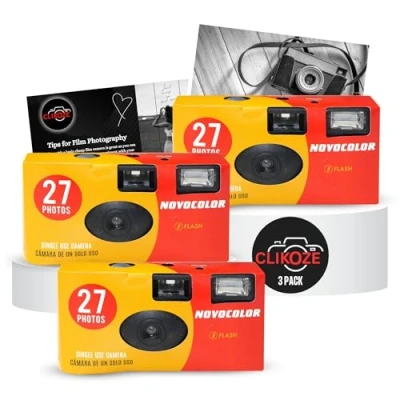 Image of Disposable Camera Bundle with Novocolor APM401004 Single Use Film Cameras 27 Exposures x3 and Clikoze Photography Tips Card