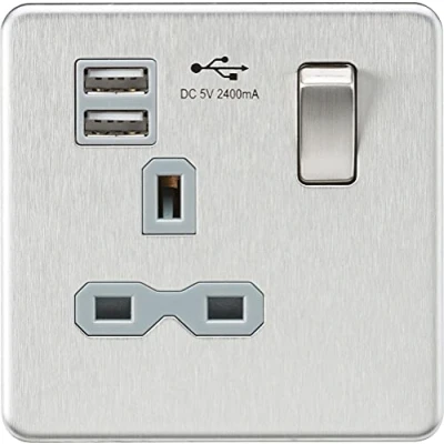 Image of KnightsBridge Screwless 13A 1G switched socket with dual USB charger (2.4A) brushed chrome grey insert