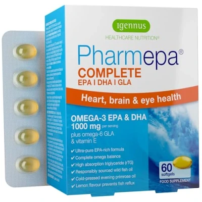 Image of Pharmepa Complete Omega 3 Triglyceride Form EPA &amp; DHA 1000mg, High Strength Wild Fish Oil Plus 6 GLA Evening Primrose Oil, Highly Absorbable rTG Form, Lemon Flavour, 60 Capsules, by Igennus