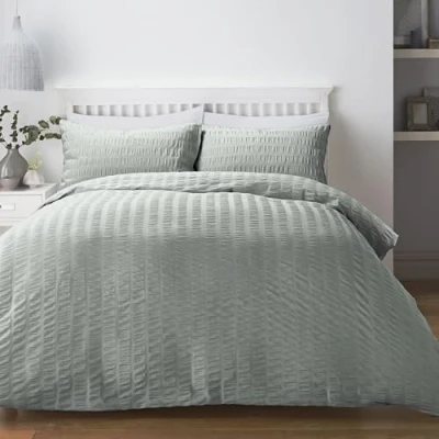 Image of Serene Duck Egg Blue Seersucker Duvet Cover Double Bedding Size (200 x 200cm) Luxury Soft Touch Textured in Railroad Stripe Puckered Effect Bed