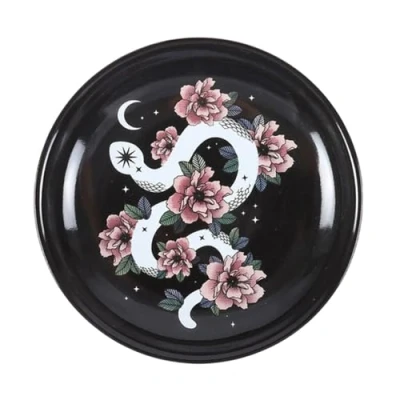 Image of White Snake &amp; Pink Flower Trinket Dish Starry Black Sky Design, Decorative Jewelry Holder for Keys, Coins Small Treasures, Elegant Home Decor, Durable Functional Accent