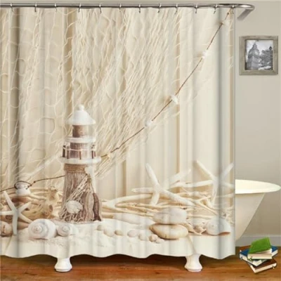 Image of Guofuos Shower Curtain 90x120cm Extra Long Curtains Waterproof Washable Bathroom Curtains,Weighted Bath with Hooks,3D Outdoor Lighthouse Beach W36*L48 Inch