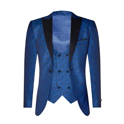 Image of TruClothing Mens Blue Tuxedo Blazer Waistcoat Brocade Black Satin Paisley Dinner Jacket Size 42 (Chest)