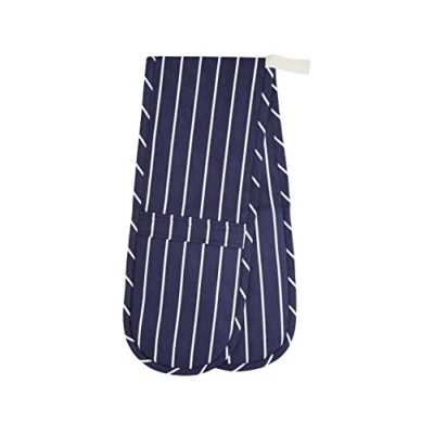 Image of KitchenCraft Double Oven Gloves with &#039;Butcher&#039;s Stripe&#039; Design, Cotton/Polyester, Navy Blue/White, 87 x 18.5 cm
