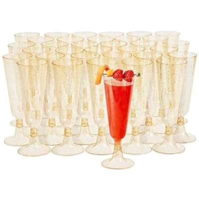 Image of MATANA 50 Premium Plastic Champagne Flutes with Gold Glitter, 150ml / 5oz Reusable Prosecco Glasses, for Cocktail, Dessert, Parties, Weddings