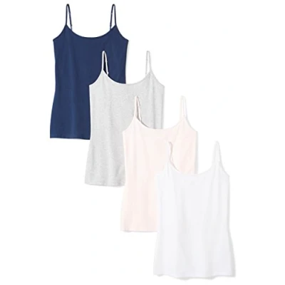 Image of Amazon Essentials Women&#039;s Slim Fit Camisole, Pack of 4, Dark Blue/Light Grey Heather/Pale Pink/White, XXL