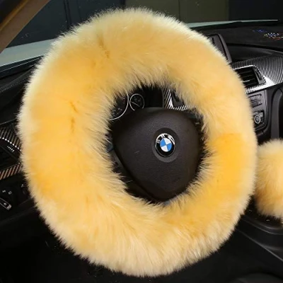 Image of ANDALUS Car Steering Wheel Cover, Fluffy Pure Australia Sheepskin Long Wool, Universal 15 inch (Beige)