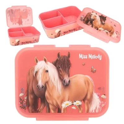 Image of Depesche Miss Melody Flowers 12895 Pink Horse and Lunch Box with 3 Compartments Clear Lid