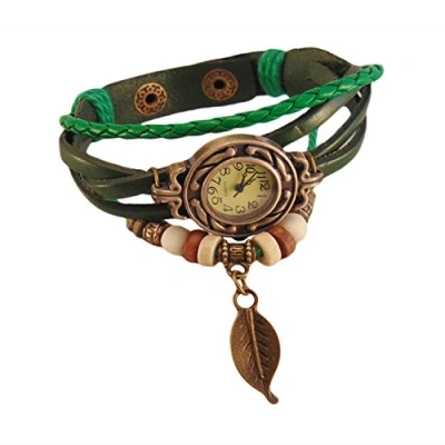 Image of Boolavard Leaf Quartz Fashion Weave Wrap Around Leather Bracelet Women Wrist Watch