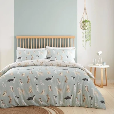 Image of Fusion Duck Egg Blue Dog Duvet Cover Double Bedding Size (200 x 200cm) Reversible Design (Beige &amp; Blue) Paw Print Dogs Shih Tzu, French Bull and Poodles