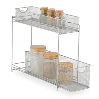 Image of Relaxdays Kitchen Cabinet Organiser, Pull out Base Unit Shelf, 2 Drawers, Metal Baskets, HWD: 40 x 15 46 cm, Silver, Steel