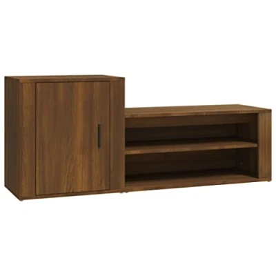 Image of vidaXL Shoe Cabinet Brown Oak, Engineered Wood, Ample Space with 2 Compartments, Door on Left, Perfect for Showcasing Decorative Items, Wall Attachment Stability