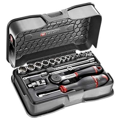 Image of FACOM Set of 1/4&quot; 6 Sided Metric Sockets R.161 3P6 19 Pieces with 1 Ratchet, 13 Sockets, 2 Extenders, Gimbal, Sliding Handle, Screwdriver Handle Box and Tray Included