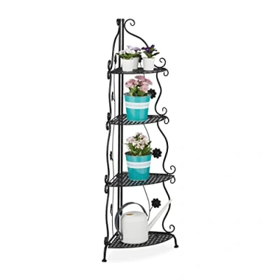 Image of Relaxdays Metal Plant Stand, 4 Tiers, Decorative Rack, Indoor &amp; Outdoor, HxWxD: 113.5 x 31 cm, Corner Shelf, Black, Iron