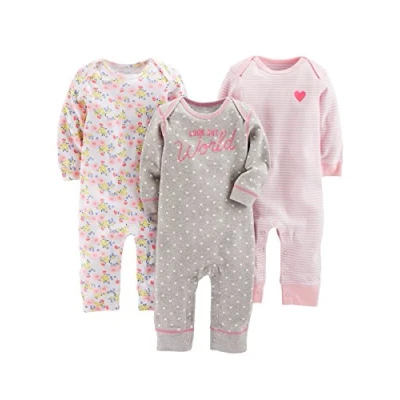 Image of Simple Joys by Carter&#039;s Baby Girls&#039; 3 Pack Jumpsuits Rompers, Grey Hearts/Pink Floral/White Stripes, 0 Months (Pack of 3)