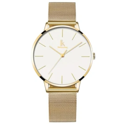 Image of Alienwork Women&#039;s Watch Gold Metal Mesh Strap White Ultra Thin