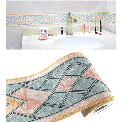 Image of No brand Simple Green Geometric Self Adhesive Wallpaper Border Peel Stick Molding Home Ceiling Waterproof Decorative for Bathroom Living Room Kitchen Wall 10cm by 5meters