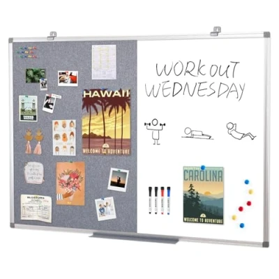 Image of Swansea Large Magnetic Whiteboard Combination Gray Fabric Pin Noticeboard Office Home School with Dry Erase Pen + 6 Pins,120x90cm