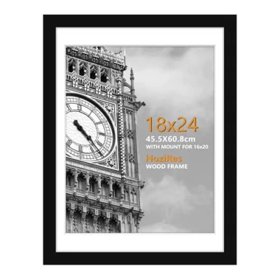 Image of HoziRes Picture Frames 18 x 24 inch, Wooden Photo with Mount in Black, Frame for Tabletop and Wall Mounting, 45 60cm Poster Printing
